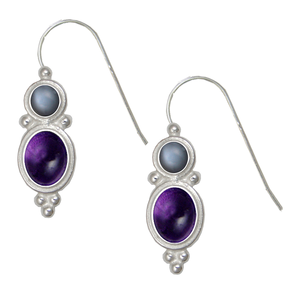 Sterling Silver Drop Dangle Earrings Amethyst And Grey Moonstone